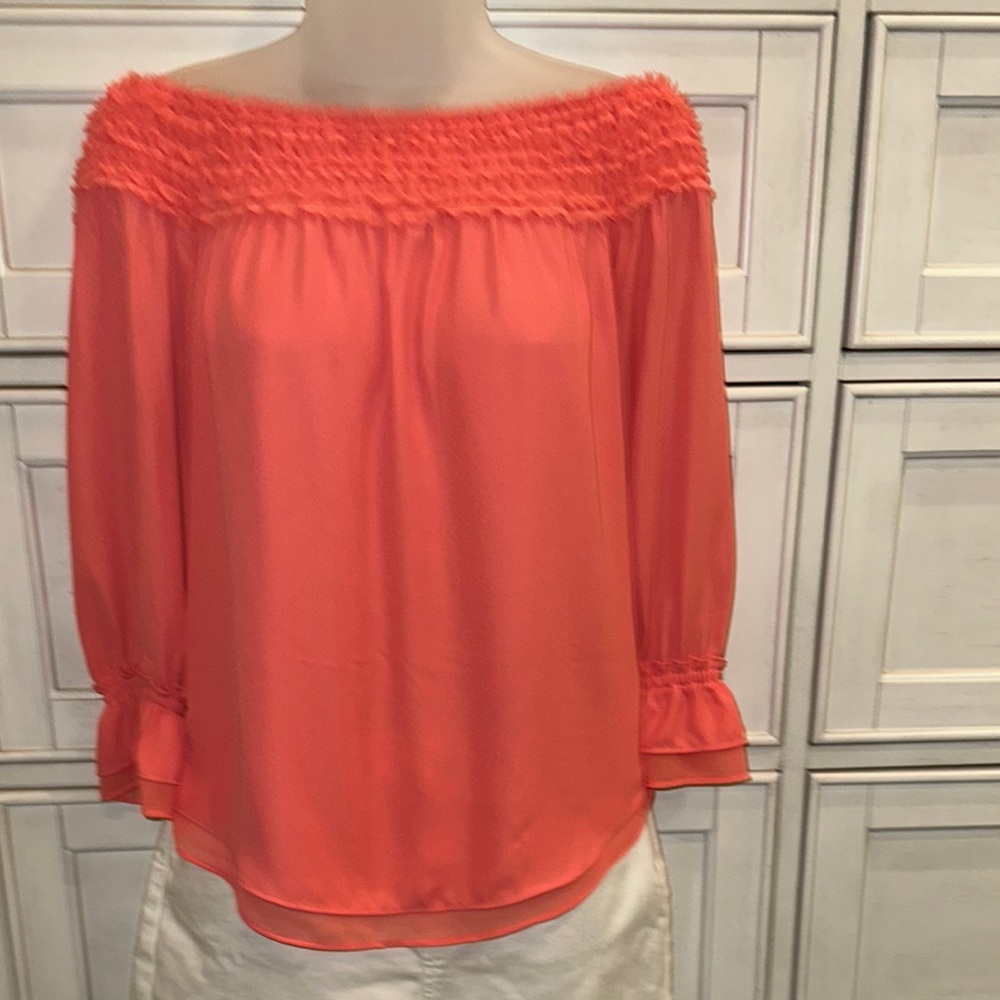 White House Black Market CORAL off the shoulder  Smocked Ruffled Blouse